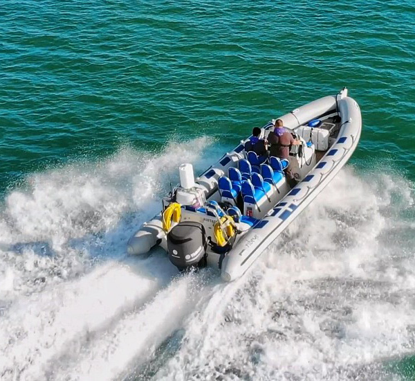 Grey and Blue leisure RIB with Leafield Marine inflation and pressure relief valves, which can be used in a range of applications