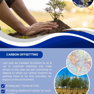 Leafield Marine carbon offsetting commitment. Aeroplane, world and sapling.