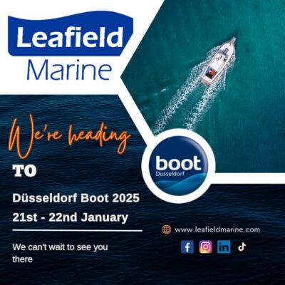 Leafield Marine Dusseldorf Boot poster advertising we will be there on the 21st and 22nd January 2025. Leafield Marine logo and Boot logo with social media links.
